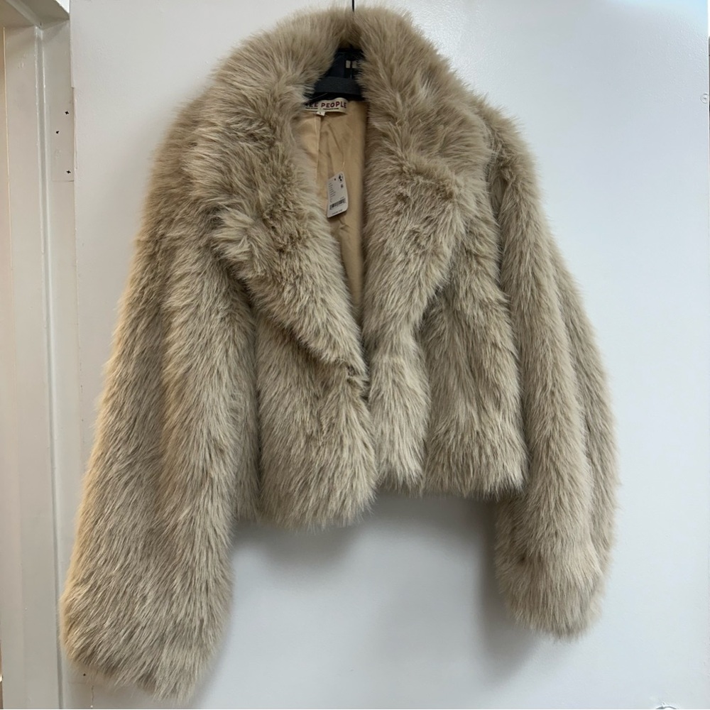 Free People Paris Cropped Faux Fur Jacket in Sand - Picture 3 of 6